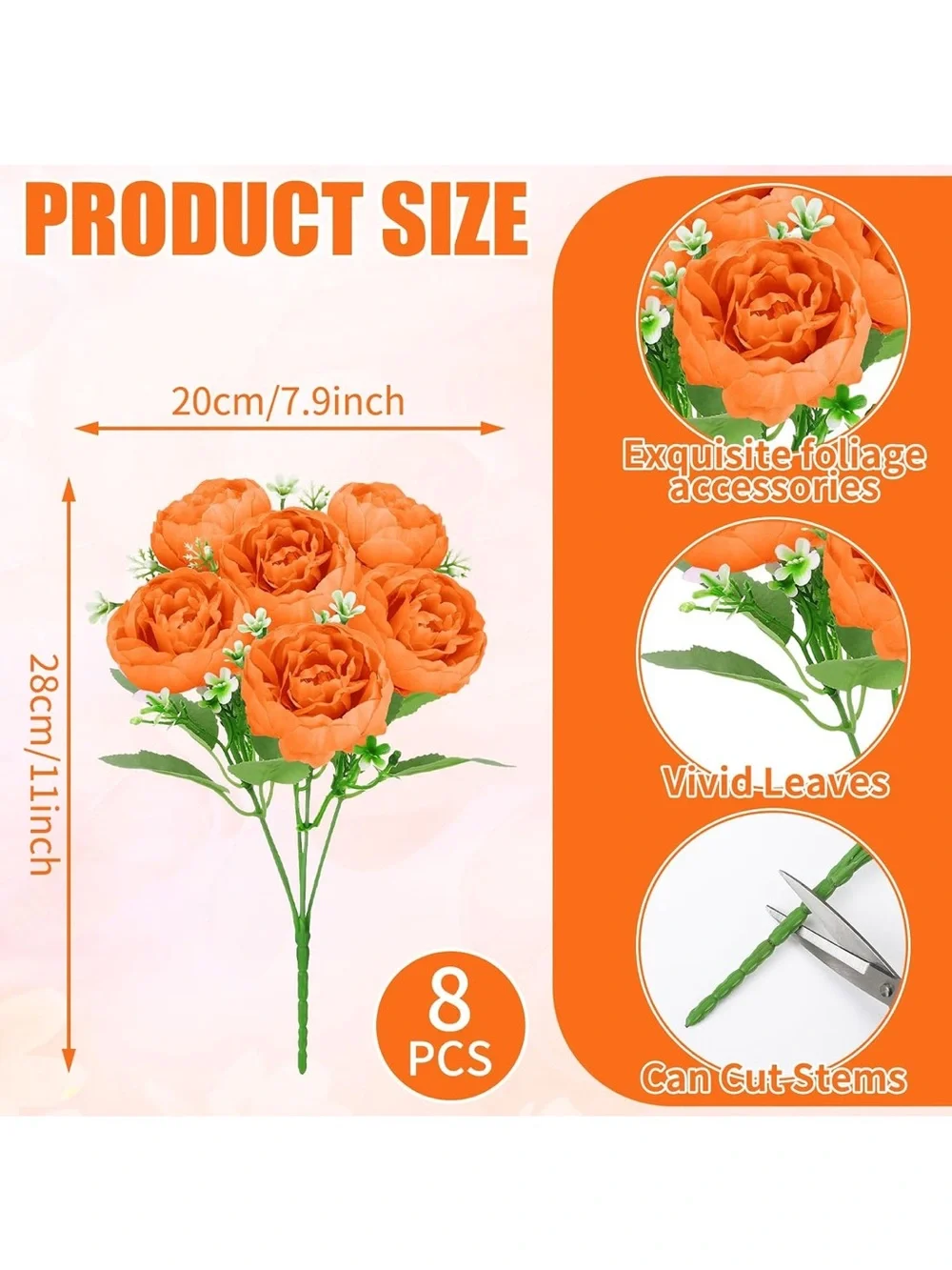 8 Pack Orange Peonies Artificial Flowers Fall Fake Silk Hydrangea Bouquets